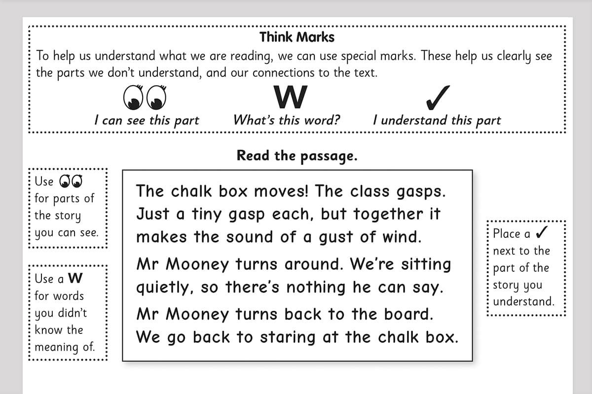 a reading comprehension skills worksheet explaining how to use Think Marks