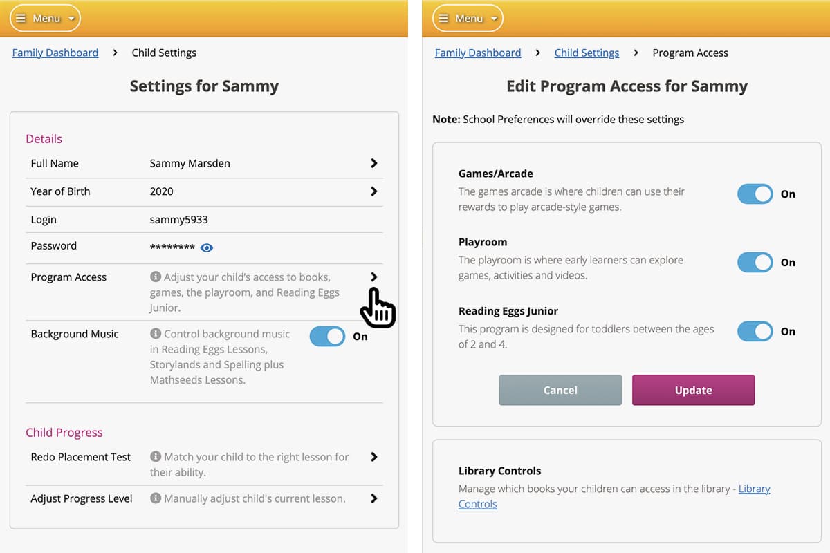 screenshot of the parental controls in the Reading Eggs Family Dashboard