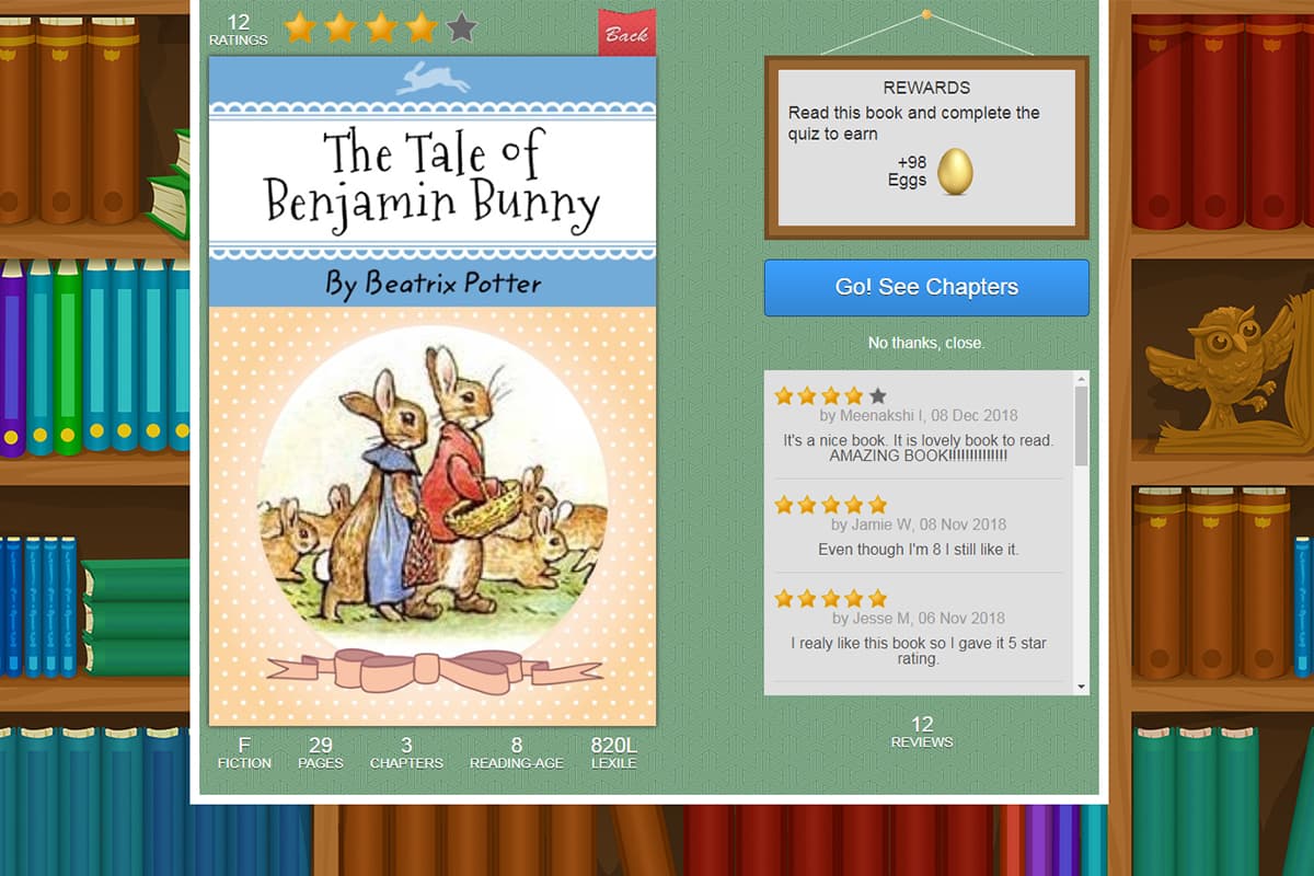 A screenshot of the Reading Eggs online library with a cover of a Beatrix Potter book.