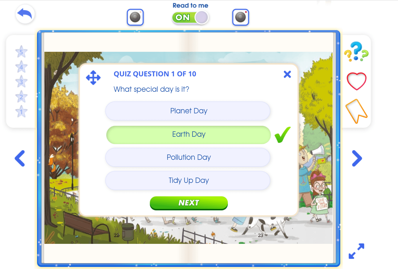 Reading Eggs Earth Day book comprehension quiz